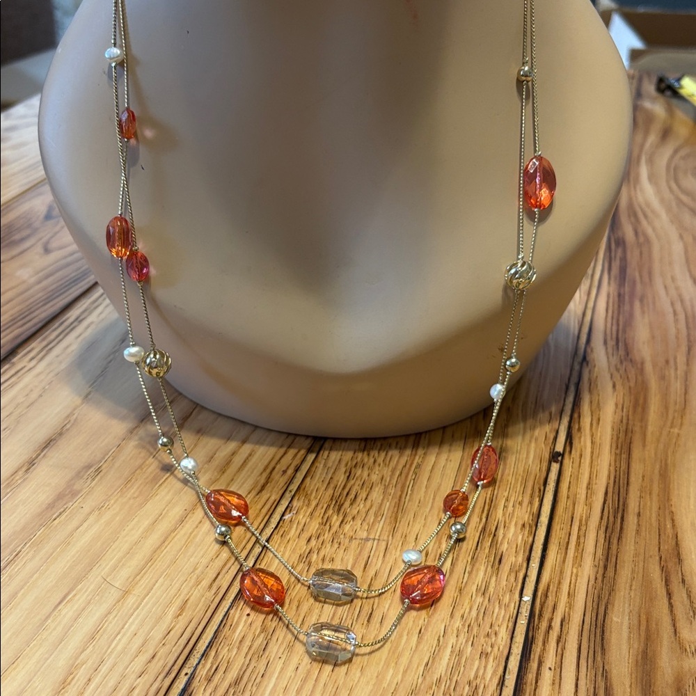 Ann Taylor Factory Gold and Orange Beaded Necklace NWT